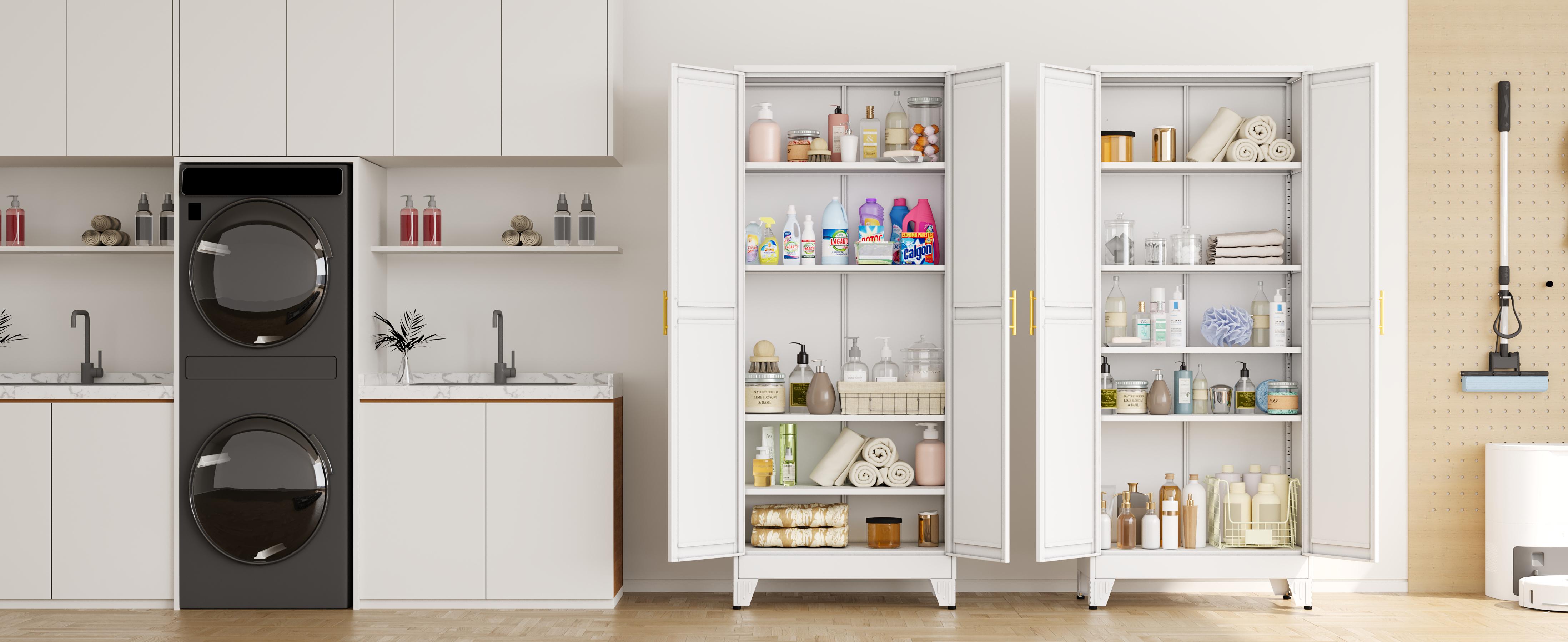 Metal Pantry Cabinet with 2 Doors and Adjustable Shelves - 71" Kitchen Storage Cabinet with Gold Handles - Versatile Storage for Kitchen, Bathroom, Dining Room, Utility Room - White