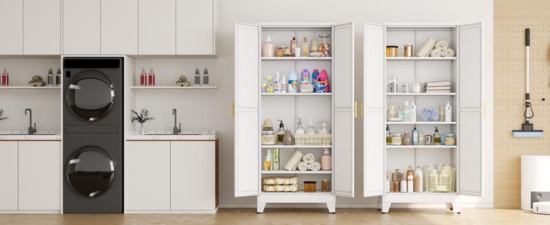 Metal Pantry Cabinet with 2 Doors and Adjustable Shelves - 71" Kitchen Storage Cabinet with Gold Handles - Versatile Storage for Kitchen, Bathroom, Dining Room, Utility Room - White