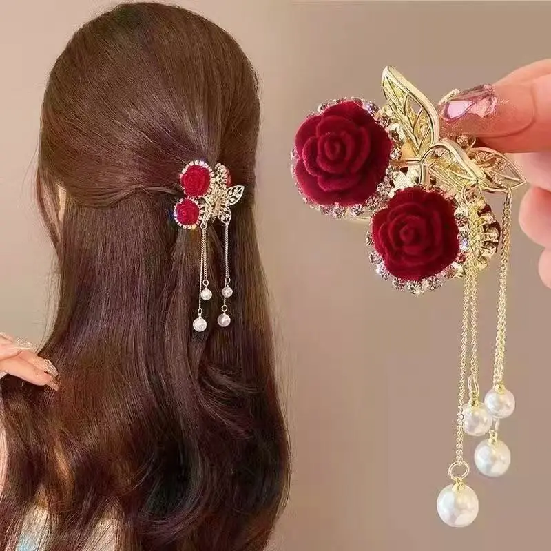 2026 Elegant Vintage Felt Rose Pearl Dangle Hair Clip, Alloy Floral Hair Pin With Clear Gemstone, Timeless Flower Hair Accessory, Ideal Gift For Mother’s Day & Valentine’s Day