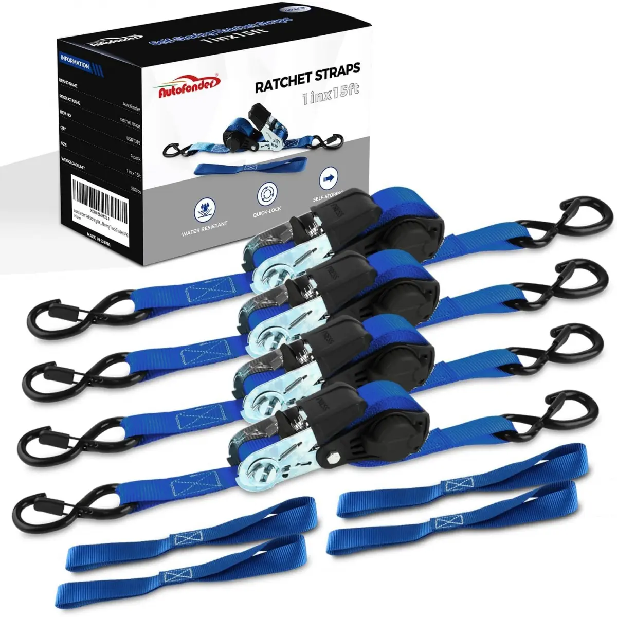 NeatStrap Retractable Ratchet Straps with Safety Lock, Vinyl-Coated Chromoly S Hooks - 500lbs Working Load, 1500lbs Break Strength, 1"x15' Soft Loops for Motorcycle Secure Load, Cargo Haul (4PK) with Support, Bikes