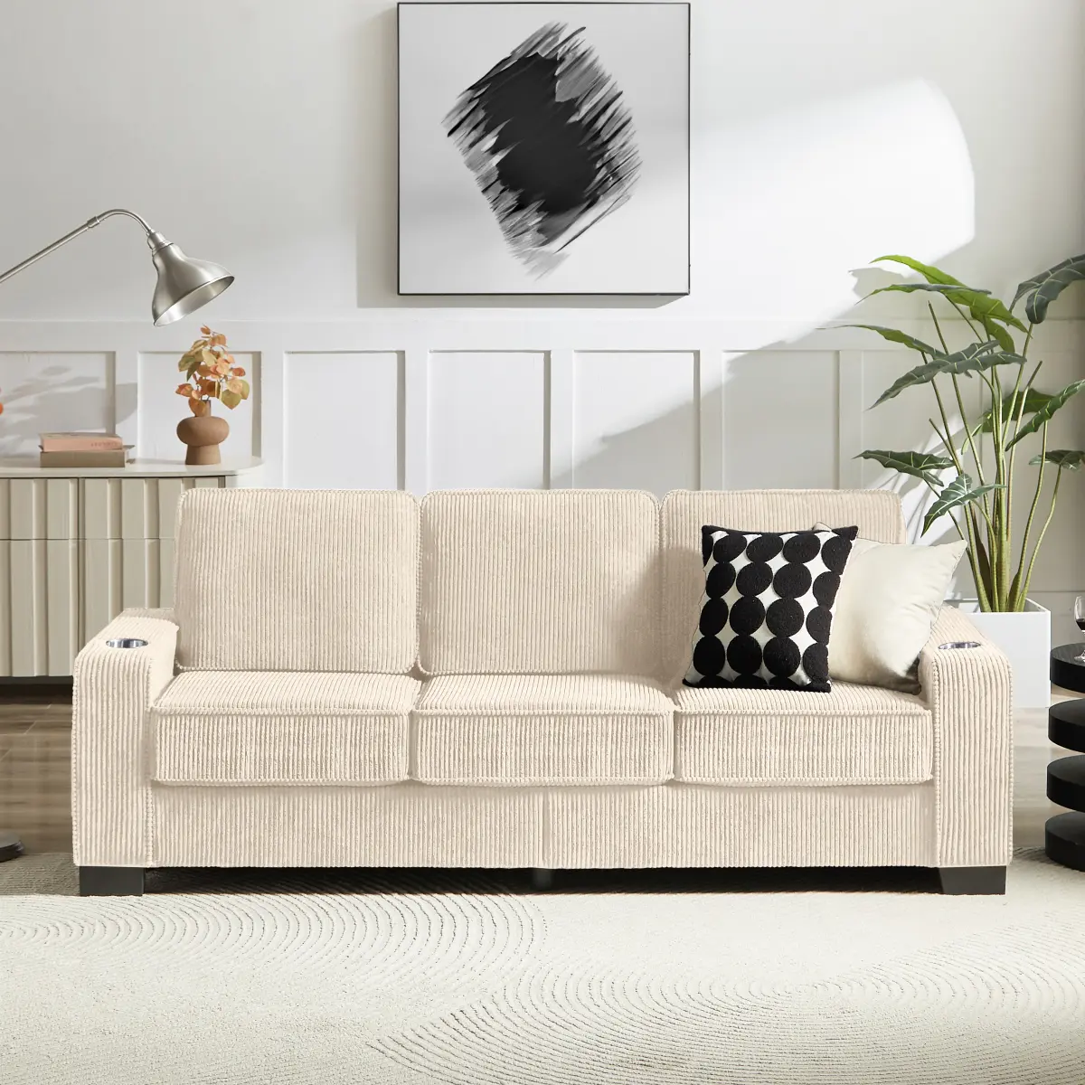 83.86"Corduroy Fabric sofa,Modern Compressed Couch,3-Seater Sofa, Furniture for Living Room,Bedroom,office ,Beige