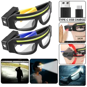 LED Headlamp Glasses with Sports Sensor, USB-C Charging, Ipx4 Waterproof, 3 Lighting Modes, Adjustable Arm, Ideal for Running, Repair, Fishing