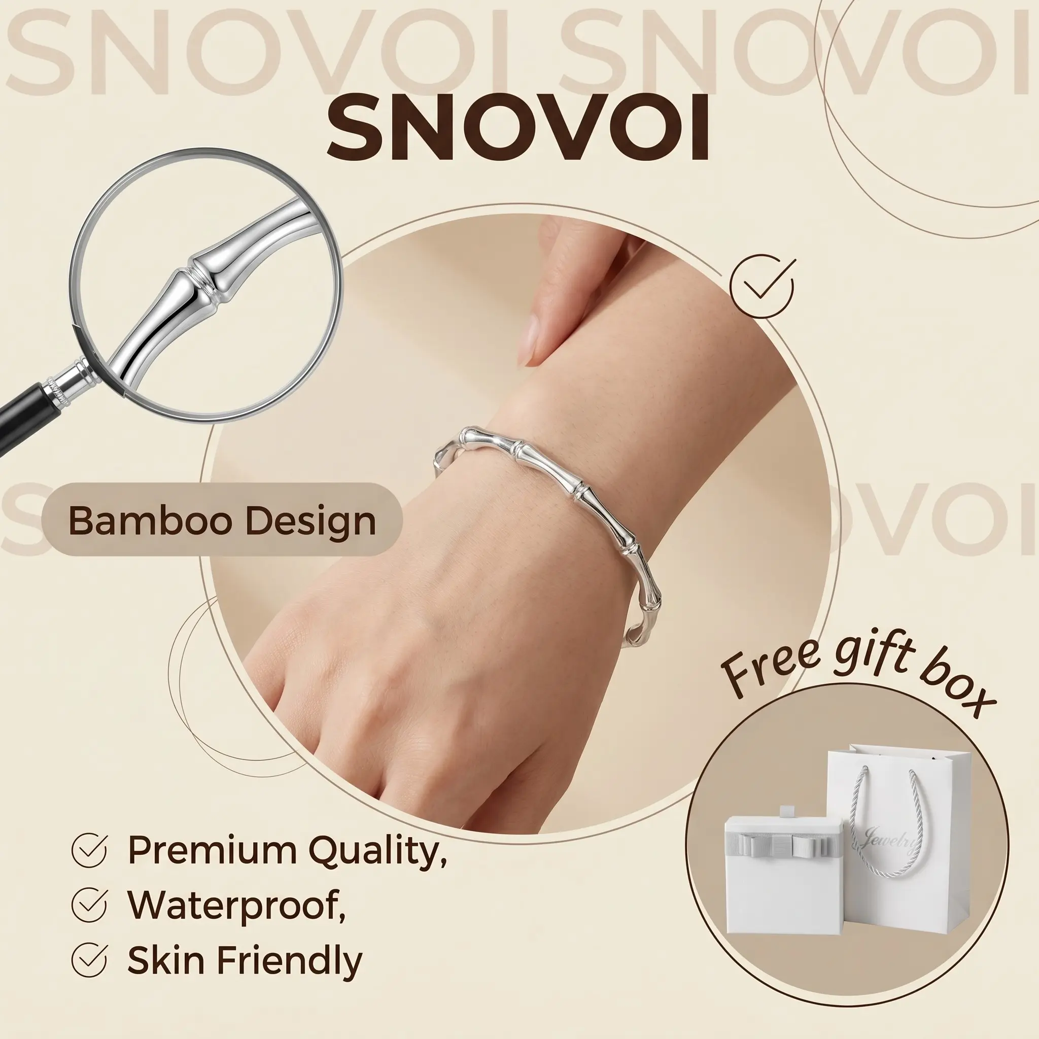 Silver Tone Open Cuff Bamboo Bangle Bracelet, Minimal Oriental Luxury Style, Tarnish-Proof Stainless Steel, Gift Jewelry for Birthday Gift Sets, Bridesmaid Party Favors & BFF Bridal Shower Gifts