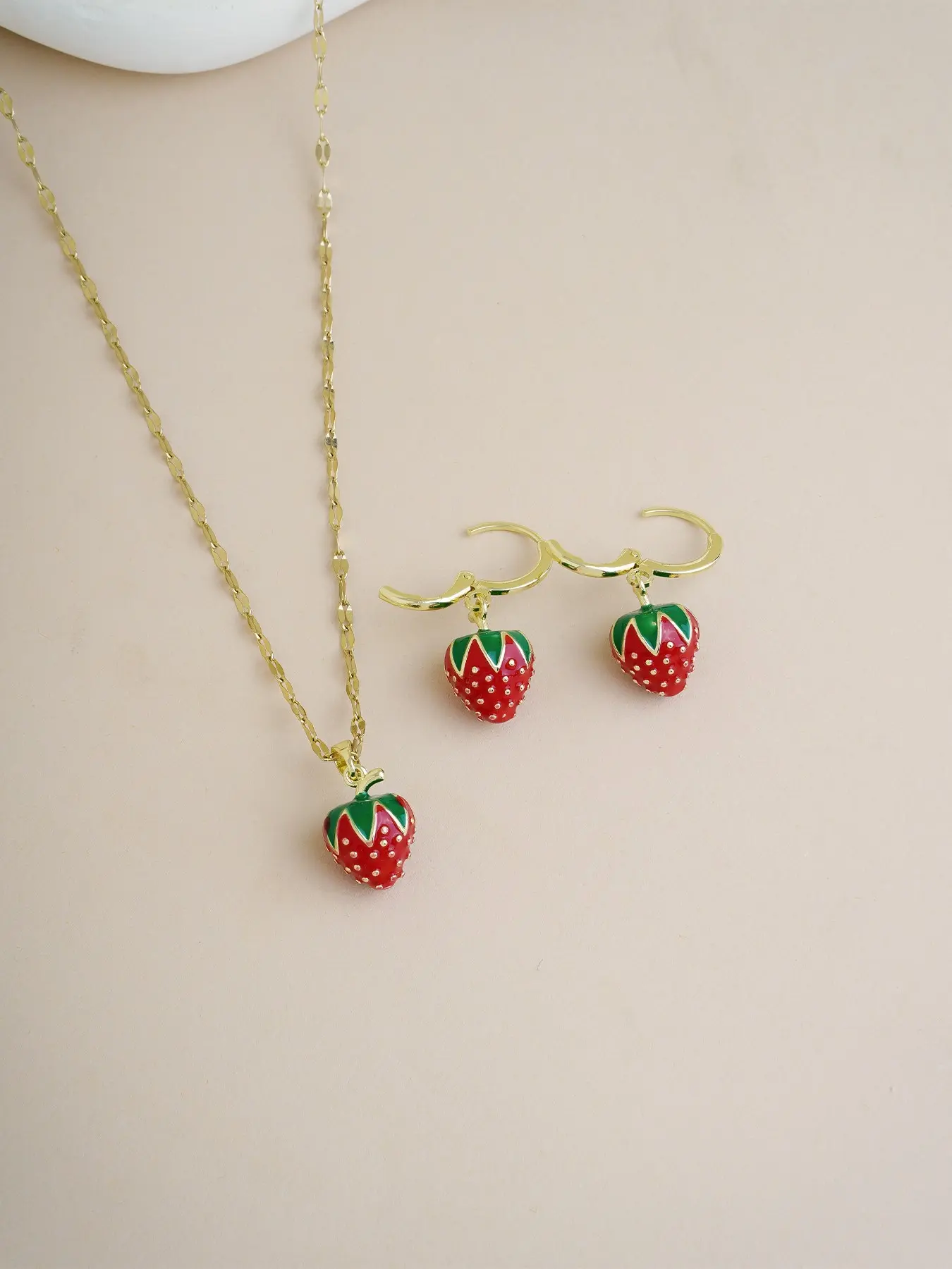 Strawberry Jewelry Set for Women, Soft Enamel Red Strawberry Pendant Necklace & Dangle Huggie Hoop Earrings, Cute Fruit Matching Jewelry Set Gift for Daily Party Birthday Valentine