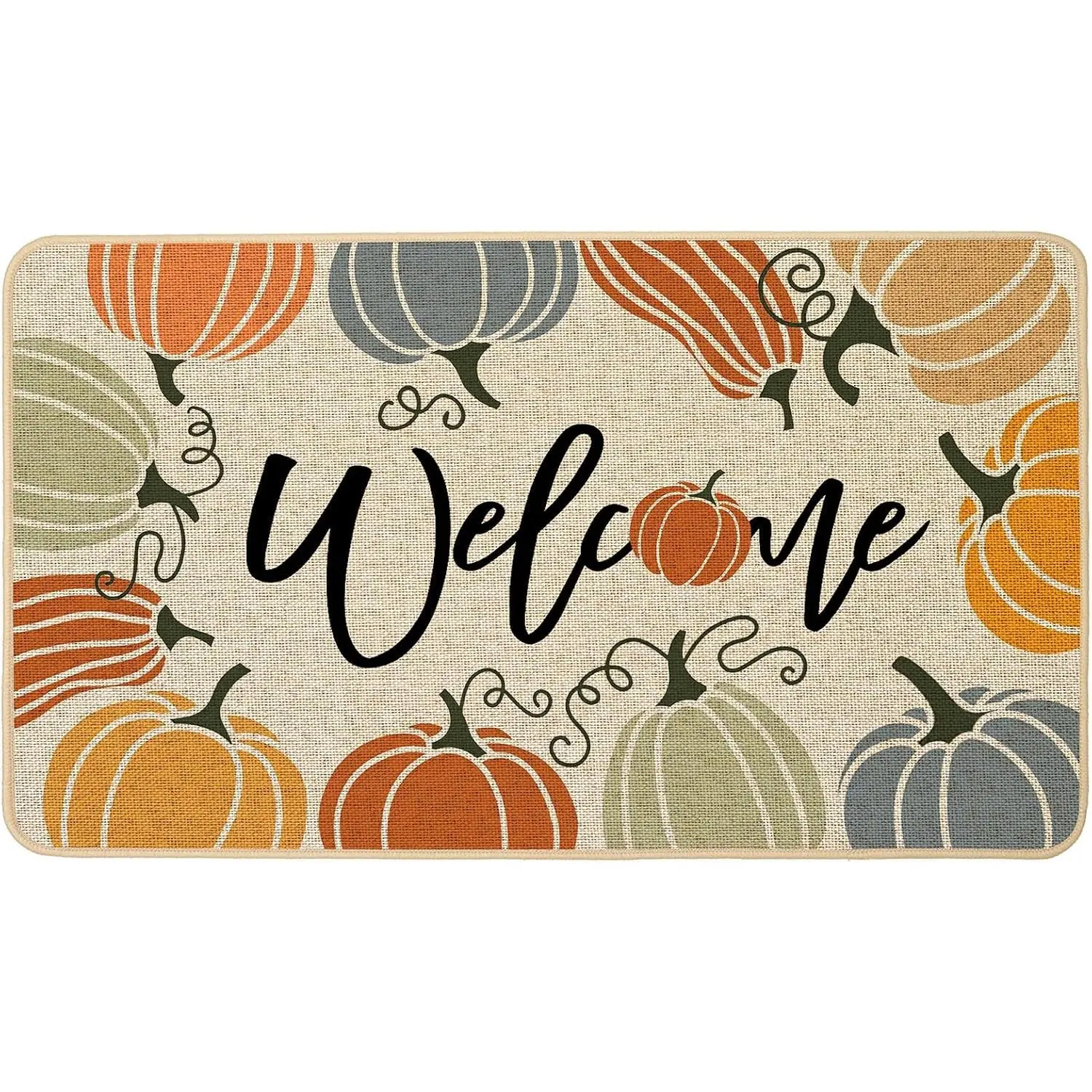 Fall Pumpkins Door Mat Colorful Pumpkin Autumn Thaksgiving Decorative Front Doormat Indoor Outdoor Non-Slip Rubber Backing Seasonal Kitchen Entrance Floor Decoration 17 x 29 Inch