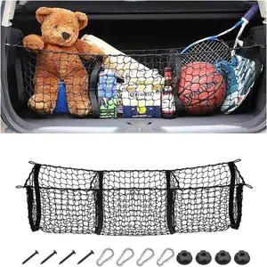 JOKG Polyester Car Cargo Net Organizer, 3-Pocket Expandable Heavy-Duty Black Mesh Storage, 4 Aluminum Carabiners, 62 Inches, Sturdy Latches for Long-Lasting Use, Universal for SUV, Pickup Truck, Van Trunk Bed