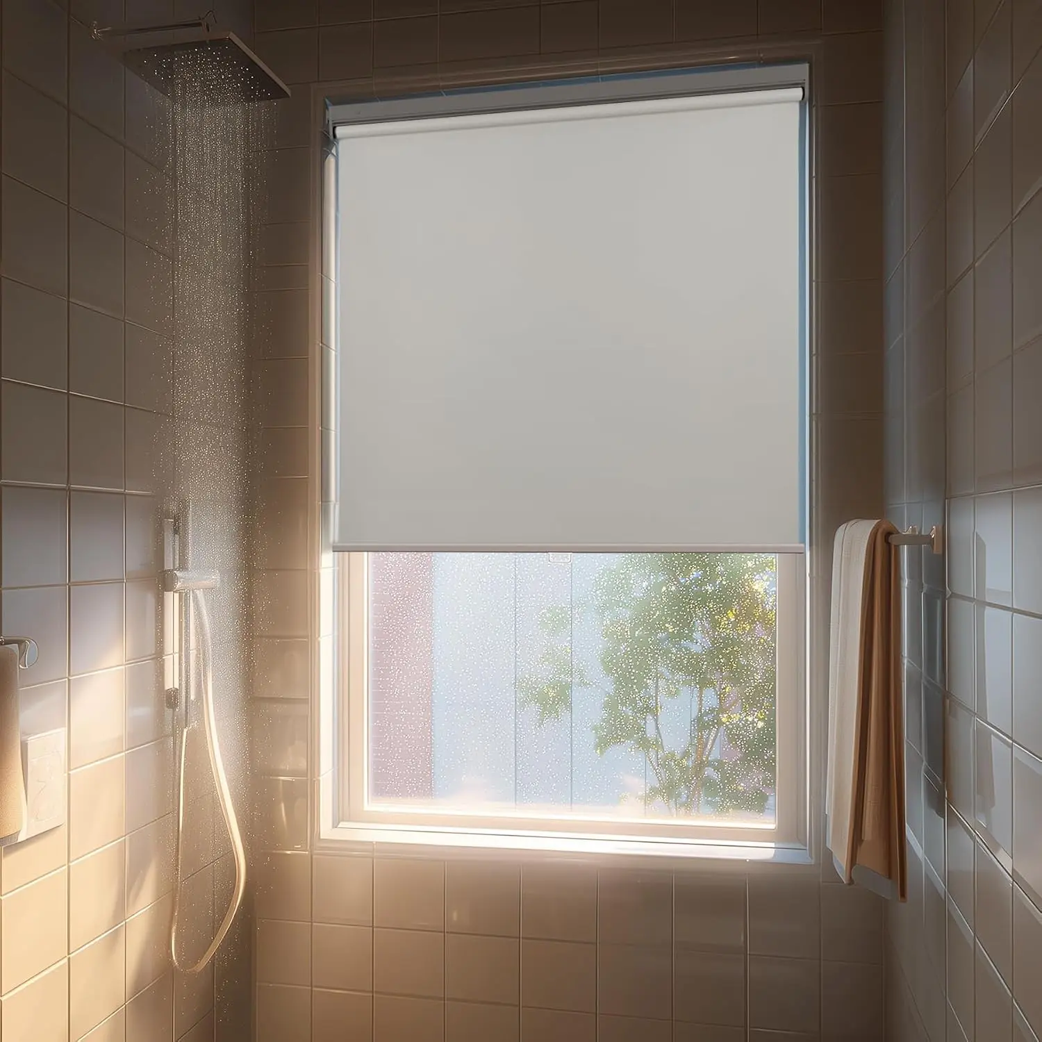 No Drill Cordless Blackout Roller Shades Screwless Waterproof Shower Window Blinds, Auto-Retraction Easy Install Blind for Bathroom/Kitchen/Office/Exterior, White, 22" W x 54" H