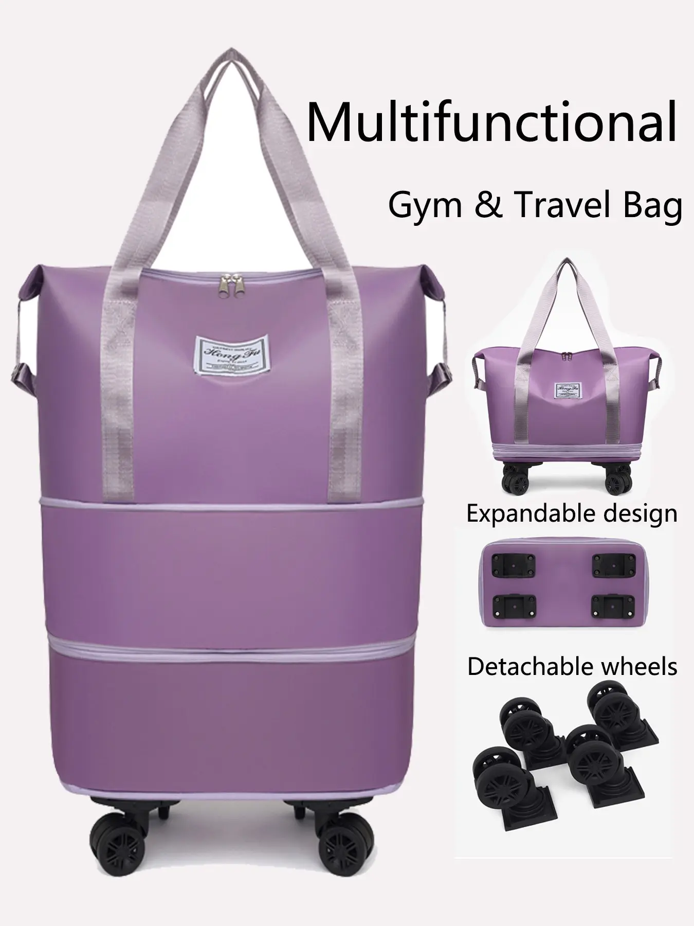 Expandable Capacity Travel Bag, Detachable Wheel Handbag, Durable Shoulder Bag, Storage for Shopping, Outing, Back-To-School, Unisex