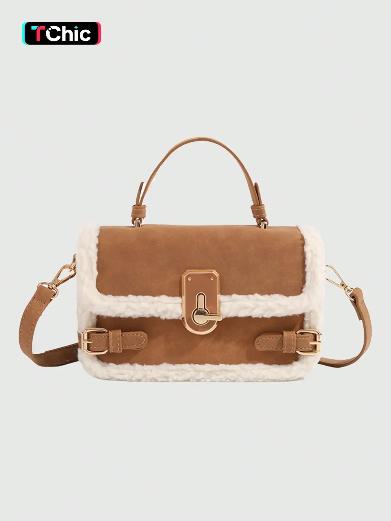 Women's Fall Winter Messenger Bag, Sheepskin Handbag, Plush Lock Crossbody Bag, Fluffy Crossbody, Fashion Small Square Bag, Casual Style, Plain Pattern