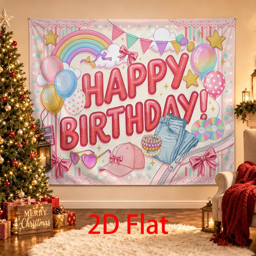 Pink Retro Happy Birthday Backdrop, Rainbow Balloon Bow Y2K Style Party Background, Cute Early 2000s Photo Booth Decor