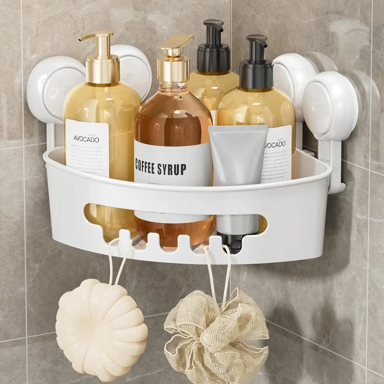 Corner Shower  Suction Cup, Shower  Basket  Suction Bathroom,  & Rustproof Organizer for Bathroom Storage, No-Drilling Removable (White)