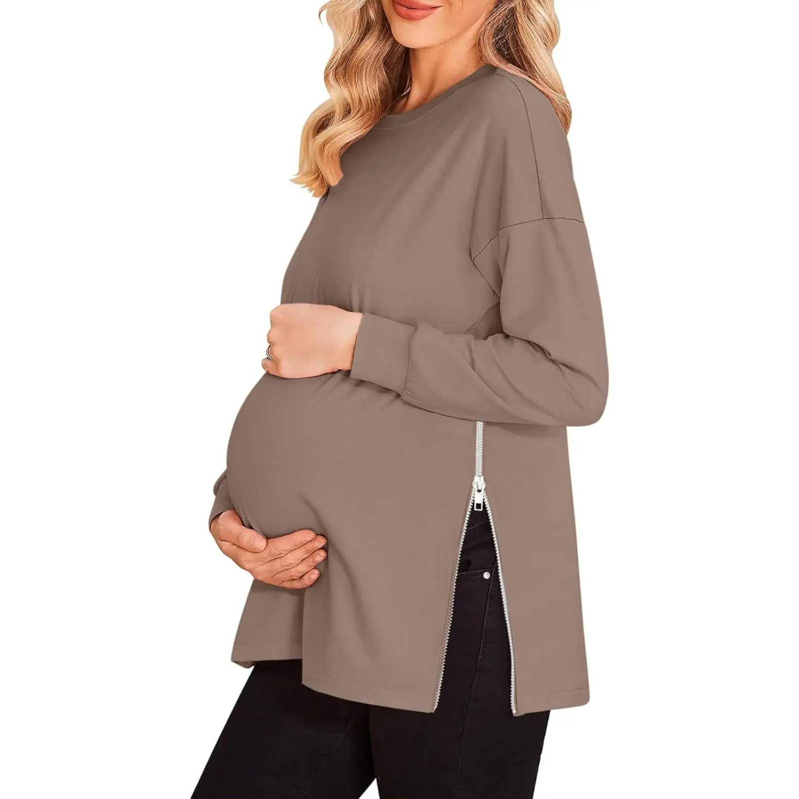 Yousify Women's Long Sleeve Maternity Sweatshirt - Zipper Split Side Casual Tunic Top, Ideal for Prenatal Use, Maternity Clothing, Pregnancy Clothes, Prenatal Maternity Clothing