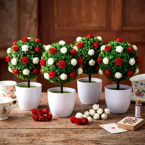 Yunlly 4 Pcs Wonderland Tea Party Centerpieces Rose Trees Table Decorations Artificial Topiary Trees with Red White Roses DIY Wonderland Tree for Bridal Shower Baby Shower Fairy Tea Party