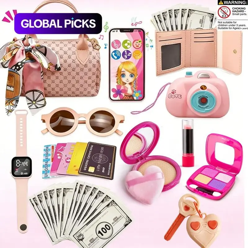 Jewelry Toys Set, 32-Piece Pretend Play Costume Accessories, Includes Handbag, Glasses, Camera, Phone, Watch, Scarf & Wallet, for Girls Ages 3-6+