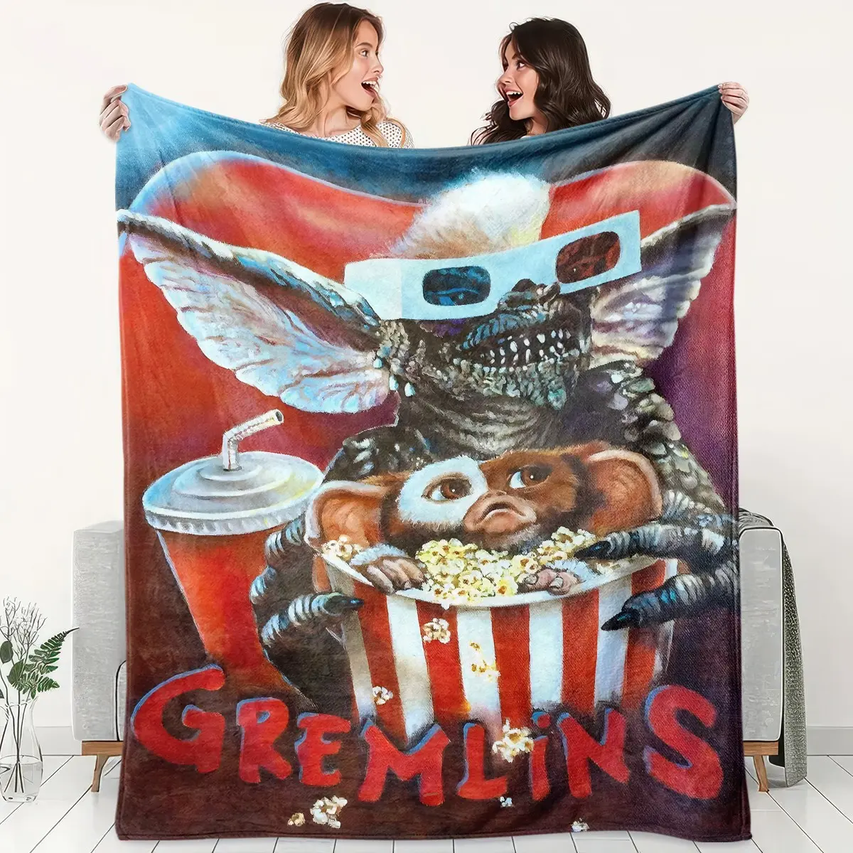 1pc Gremlins Vintage Horror Movie Poster Fleece Blanket, 3D Glass Monster & Popcorn Gizmo Cinema Oil Painting Print, Soft Warm Nap Throw For Sofa Bed Office Camping Trip, Ideal Halloween Gift