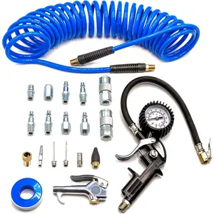 Heavy Duty Air Compressor Accessories Kit 20 Pieces with 1/4 inch x 25 feet Polyurethane Air Compressor Hose, 100 PSI Tire Inflator Gauge, Air Blow Gun and Air Hose Fittings