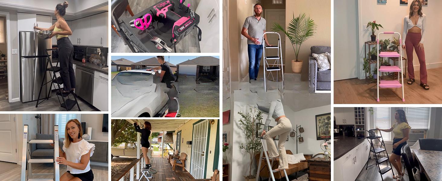 3 Step Folding Ladder, 800lbs Capacity Step Stool with Safety Lock, Non-Skid Wide Pedals, and Handrail, Lightweight, Household Ladder for Home, Kitchen, Pantry, Closets, and Office Use, White