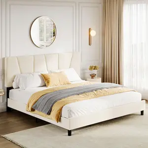 GARVEEAdjustable Velvet Upholstered Bed Frames in King, Full, and Twin Sizes with Tufted Headboards, Strong Wooden Slats, No Box Spring Needed, Easy Assembly, Beige/Cream Color