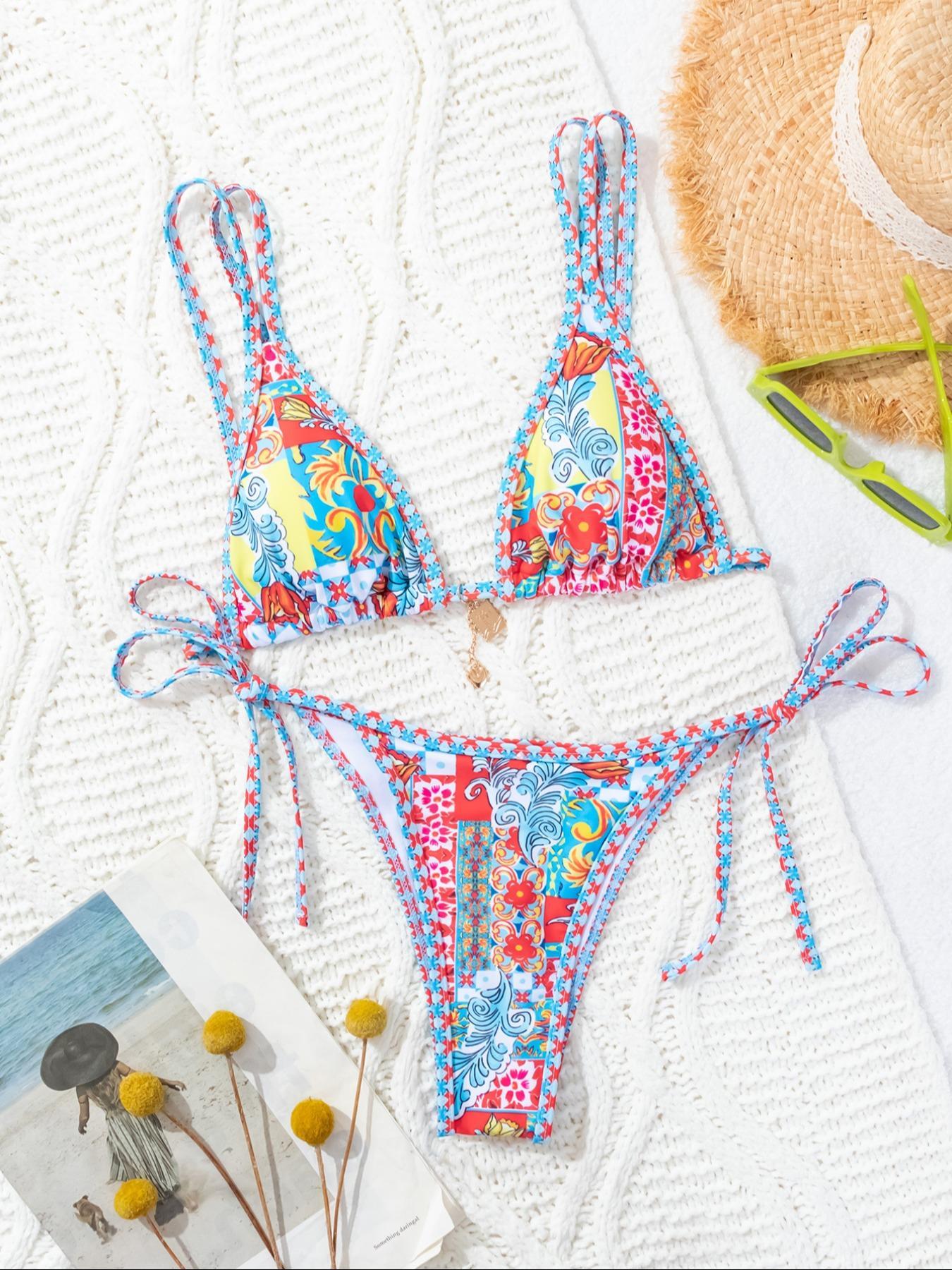 Women's Patchwork Floral Print Colorblock Bikini Set, Boho Tie Back Triangle Swim Bra & Tie Side Swim Thong, Summer Two-piece Swimsuit for Beach Holiday Vacation Swimming, Patchwork Print Bikinis