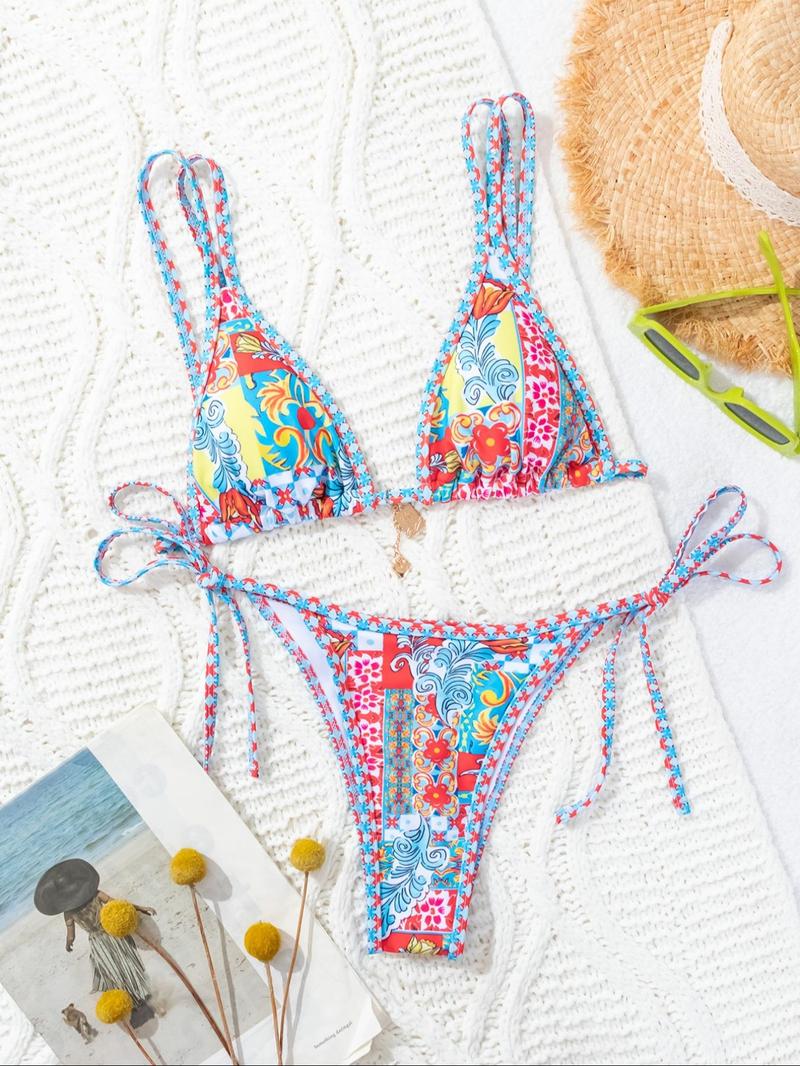 Women's Patchwork Floral Print Colorblock Bikini Set, Boho Tie Back Triangle Swim Bra & Tie Side Swim Thong, Summer Two-piece Swimsuit for Beach Holiday Vacation Swimming, Color Block Swimsuits