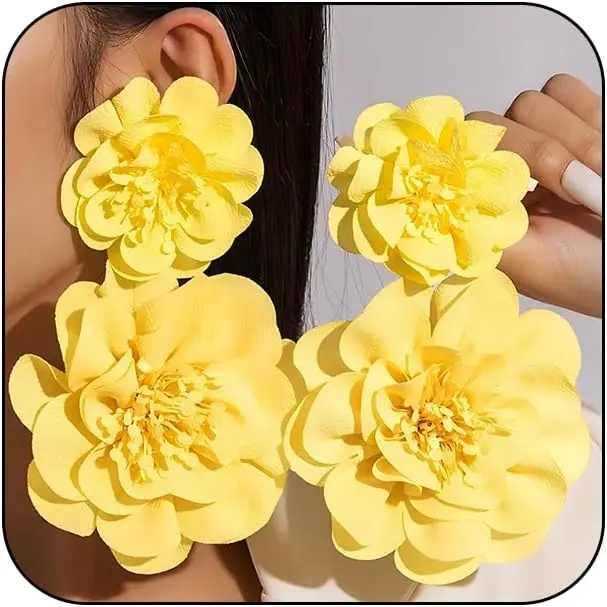 Large Yellow Flower Earrings for Women Statement, Boho Exaggerated Big  Fabric  Earring  Romantic Y2k Party Prom Ear  Gifts Accessories