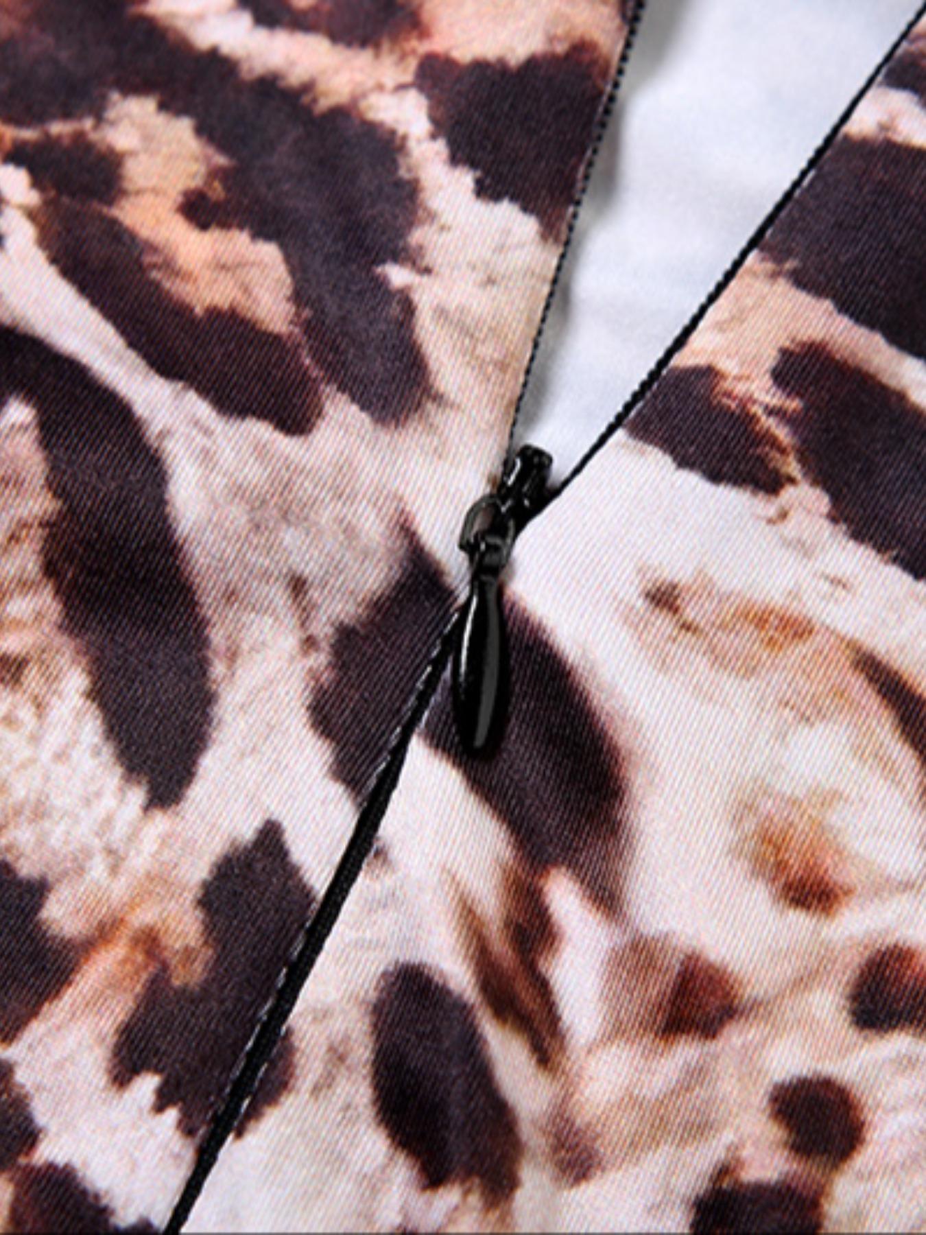 Women's Leopard Print Long Sleeve Romper, Casual Fashion Bodycon Romper for Daily Outdoor Wear, Women Clothes for Summer