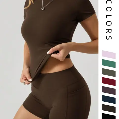 Women's High-Waisted Short Pants Set, Slim-Fit Polyester Fabric Round Neck Shorts, Casual All-Season Wear, Pocket Design, Comfortable & Stylish