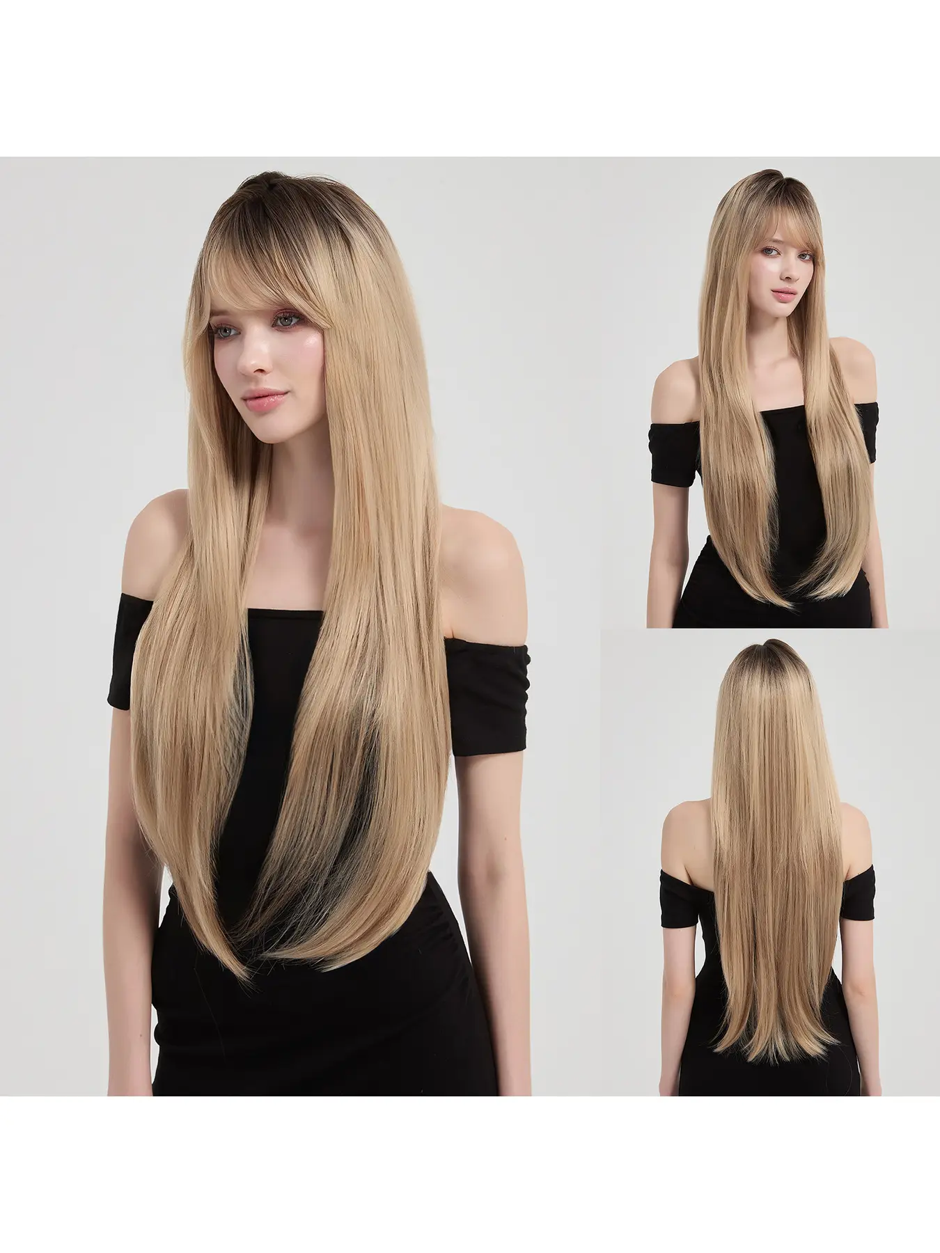 Women's Ombre Light Gold Long Straight Synthetic Lace Headband Wig Fashion Personality Comfortable Breathable Lightweight Daily Casual Matte High Temp Fiber Wig