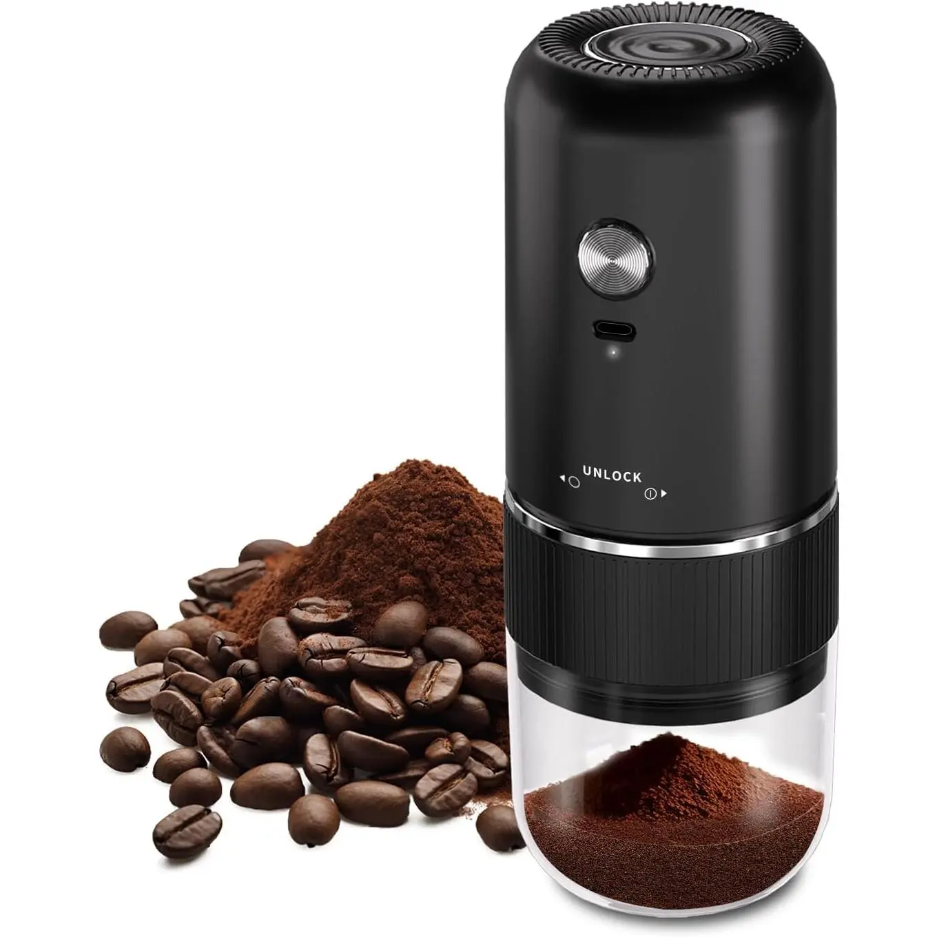 Portable Cordless Electric Coffee Grinder with USB-C Wireless Charging, Adjustable Grind Coarseness, Auto-Stop Design, Travel/Business Trips Use, Grain & Bean Mill with Included Brush