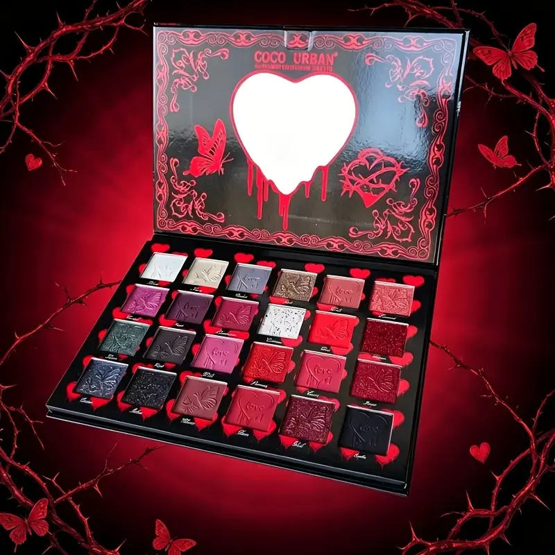 24 Colors Heart Embossed Eyeshadow Palette, Highly Pigmented Palette, Matte Metallic Sparkly Gothic Eye Makeup, Long Wearing Pigmented Red Dark Tone Eyeshadow Tray for Daily & Dramatic Looks