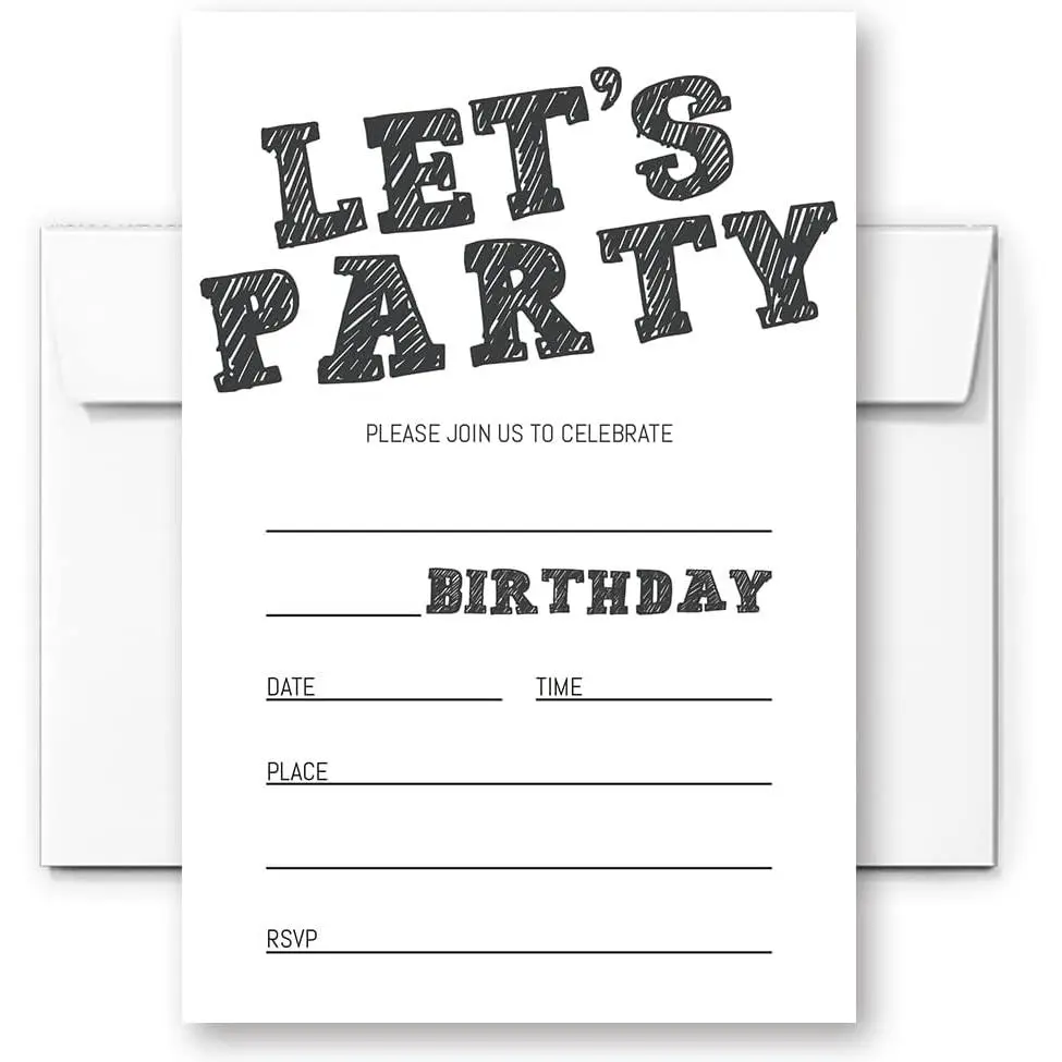 Black and White Birthday Party Invitations for Boys Teens Kids Girls (Let's Party 020)