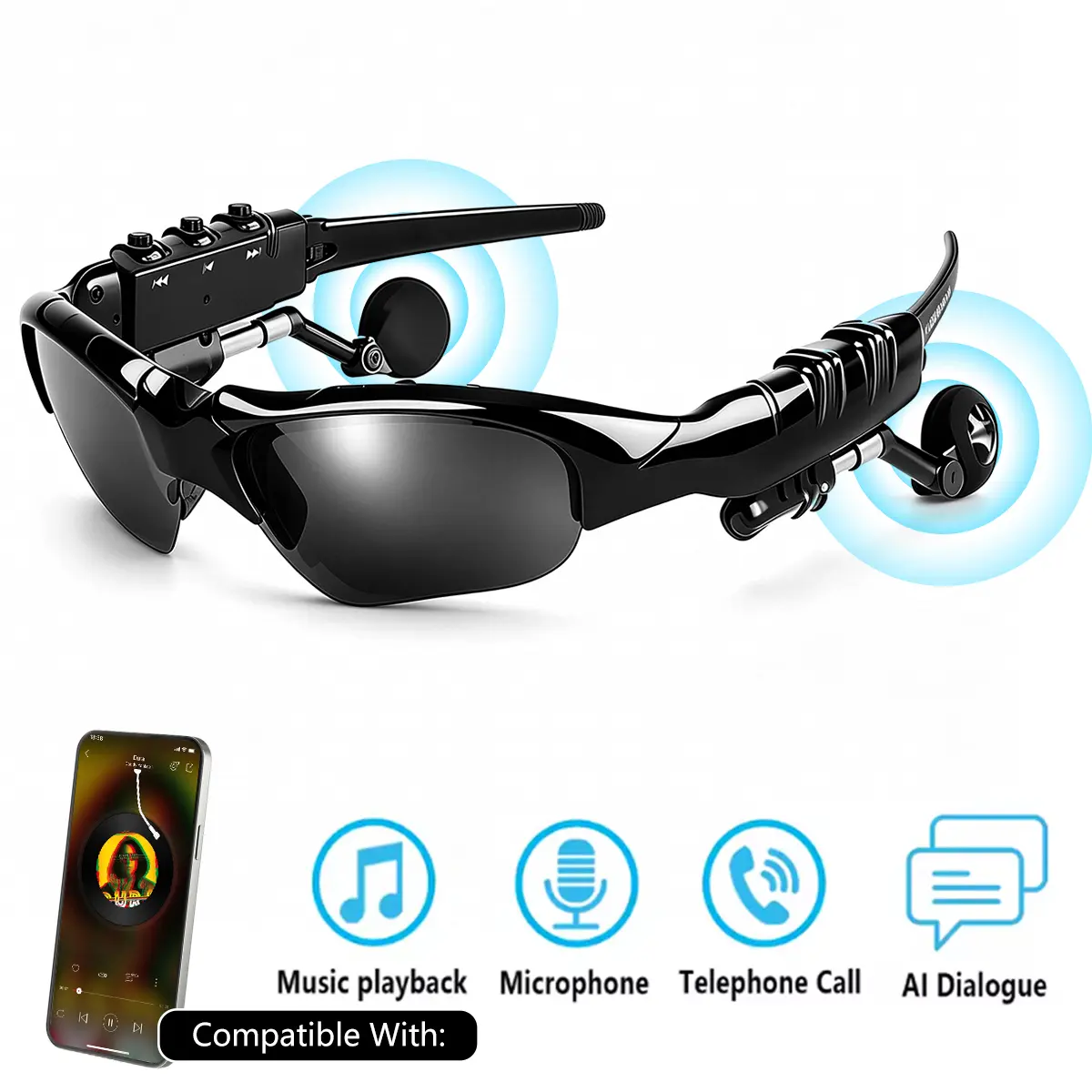 Smart Glasses Wireless Audio Eyewear, Smart Bluetooth Sunglasses with Microphone for Clear Calls and Music, Voice Assistant Compatible UV Protection for Running Outdoor Sports Driving, Multifunctional Smart Glasses, Wireless Headphone Glasses