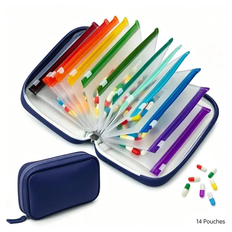 1 Set A8 Household Waterproof Medicine Storage Bag, Weekly Large Capacity Pill Organizer Kit With 14 / 7 Color Coded Zipper Pill Pouches, Reusable Portable Travel Health Care Storage Bag For Storing Fish Oil, Vitamins & Daily Supplements