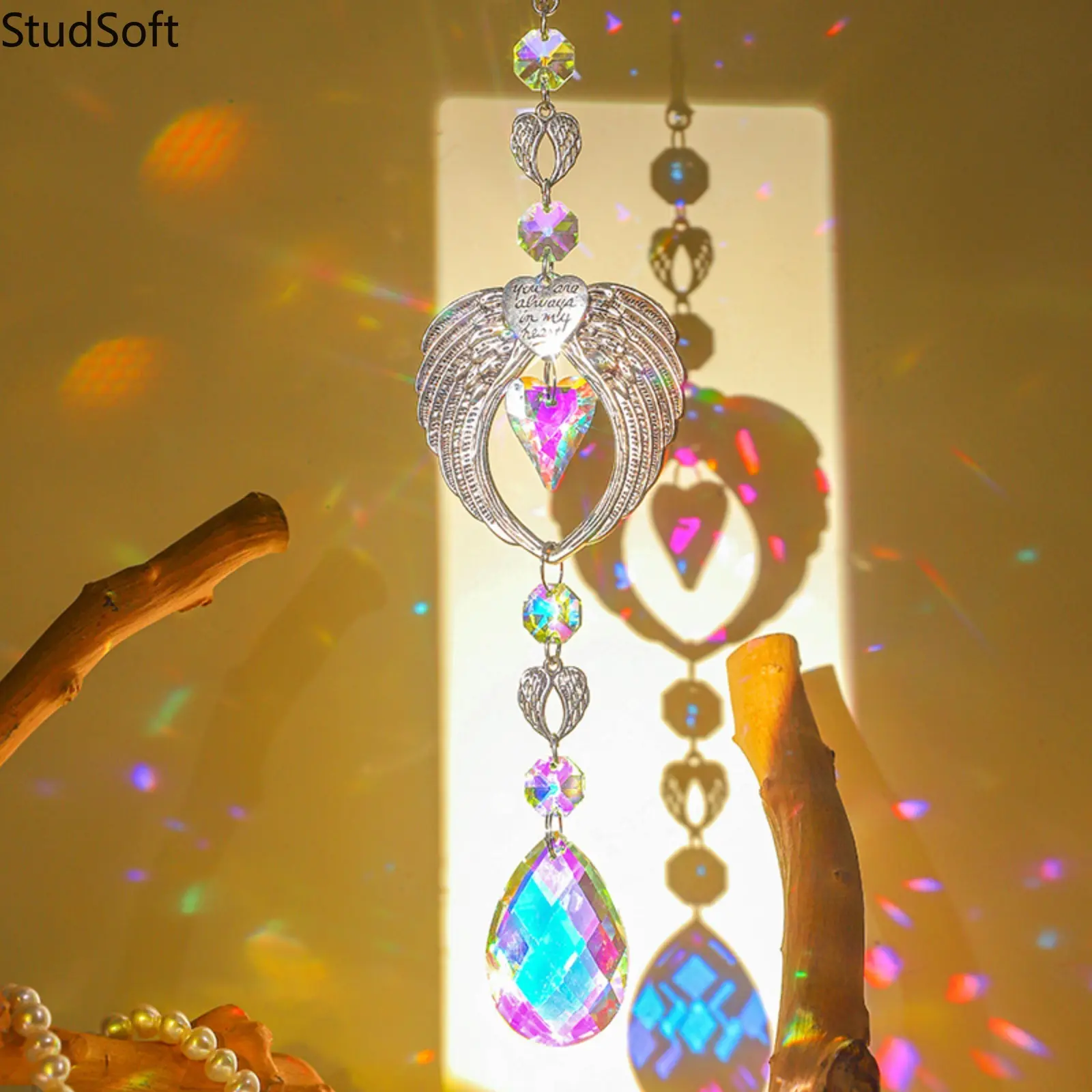 Crystal Sun Catcher Angel Wings Rainbow Maker, In Loving Memory Heart Pendant Ornamental Hanging Decor Memorial Gift
