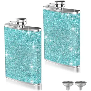 2-Pack 8 Oz Bling Hip Flasks for Liquor, Leakproof Stainless Steel Flasks with Funnel Pocket Flask for Women, Portable Metal Flask for Camping Outdoor Activity Wedding Party Gift, Blue