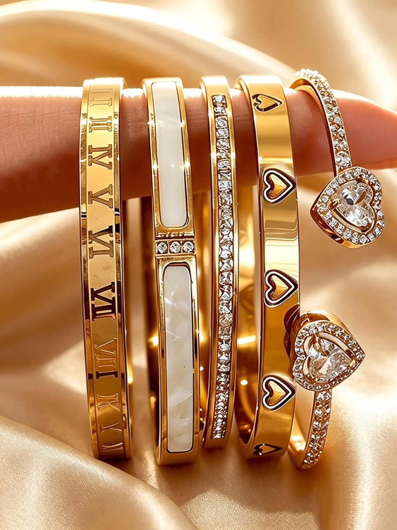 5-Piece Vintage Luxury Stackable Women's Stainless Steel Bracelet Sets, Roman Numerals & Heart Design, Sparkling Zircon, All-Season Jewelry Gift
