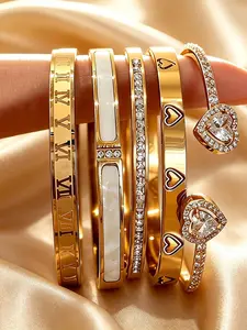 5-Piece Vintage Luxury Stackable Women's Stainless Steel Bracelets, Roman Numerals & Heart Design, Sparkling Zircon, All-Season Jewelry Gift