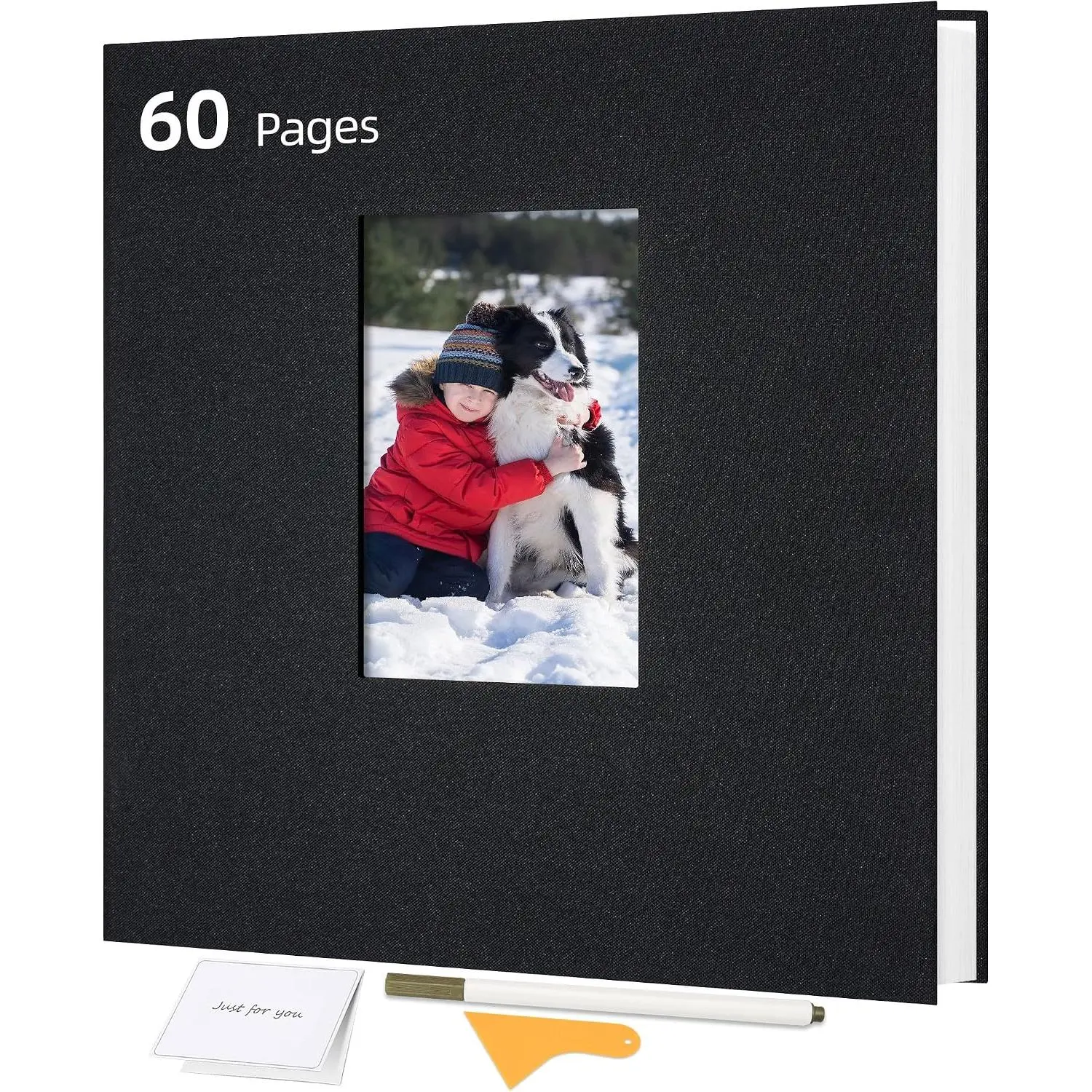 Self Adhesive Photo Album, 60 Pages, 11x10.6 Inch, Black| Linen cover, cover window, photo scrapbook, photos 4x6 5x7 8x10, family baby wedding memory book