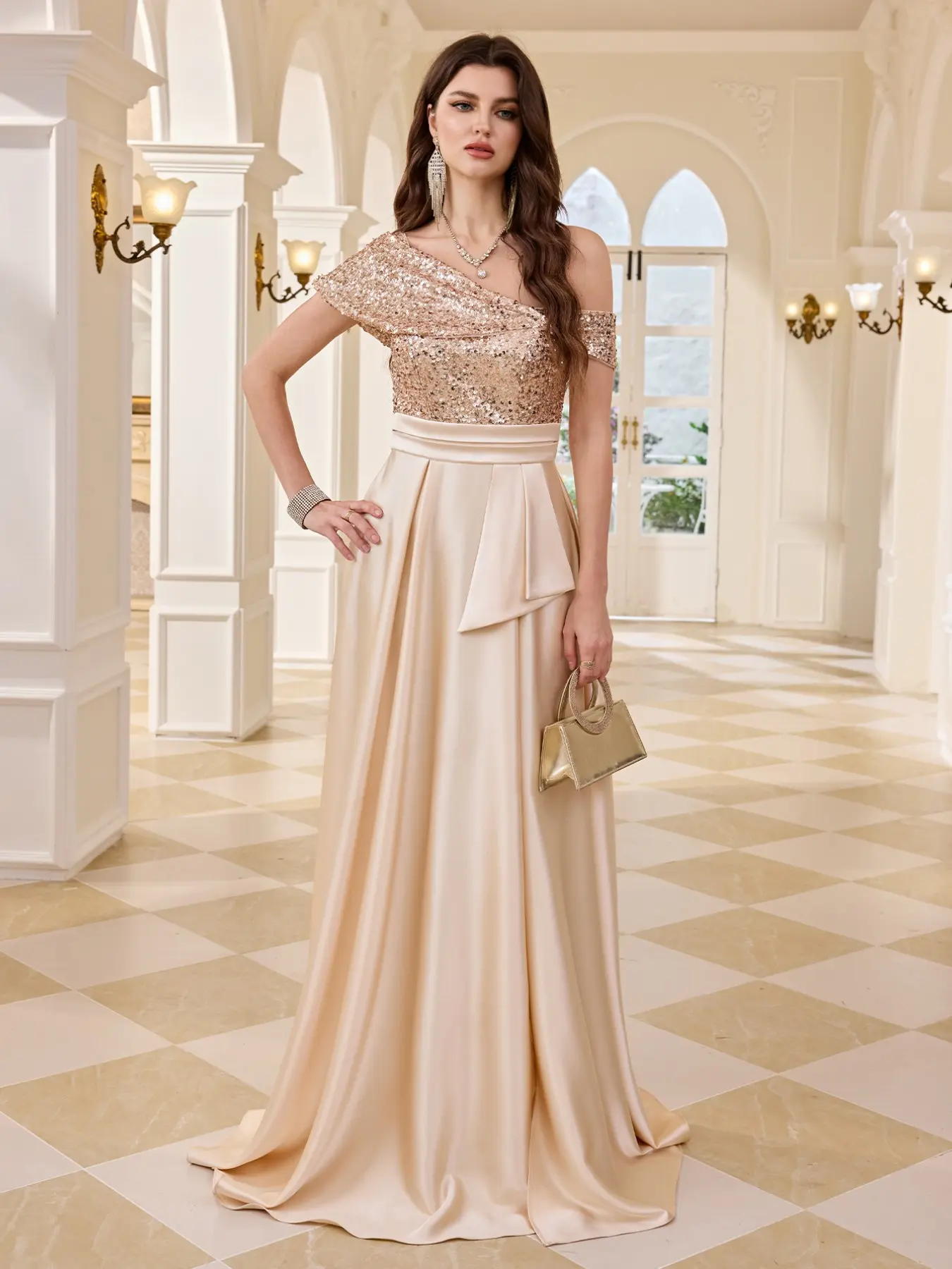Asymmetrical Off-Shoulder Sequin High-Waisted Floor-Length Dress, Elegant Evening Gown for Proms and Adult Events, Chic Long Dress