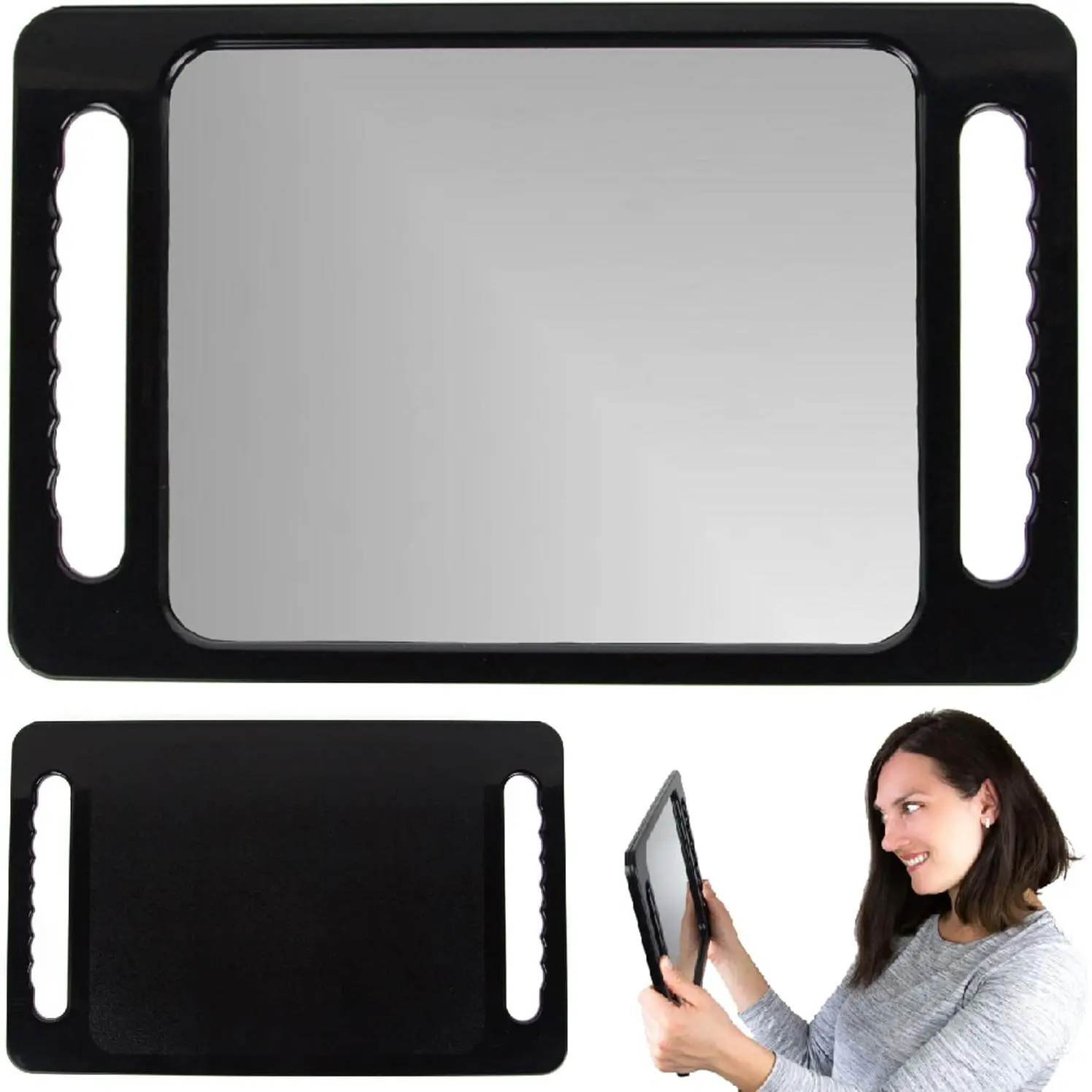 Large Hand Mirror with Double Handle - Black Rectangular Hand Held Mirror