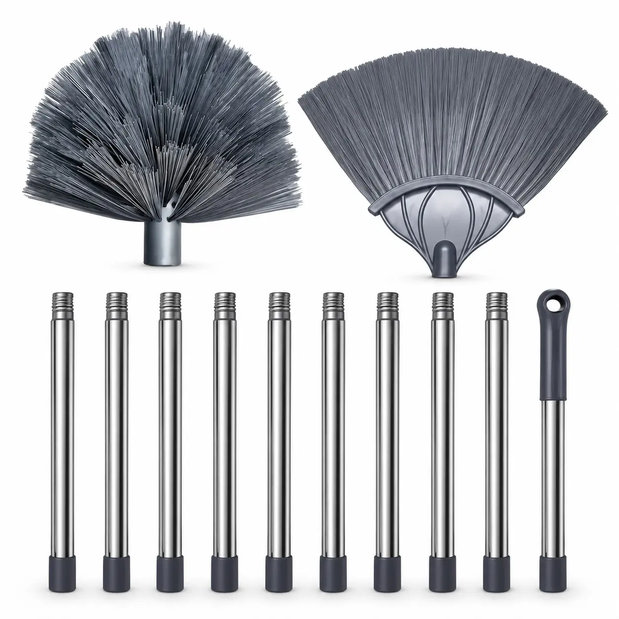 12-Piece Extendable 14FT Reach Stainless Steel Cobweb Duster Set, 10-Section Pole with Fan & Round Brush Heads for High Ceilings, Corners & Eaves, Household Cleaning Tool, Duster With Extension Pole, Housewarming Gift