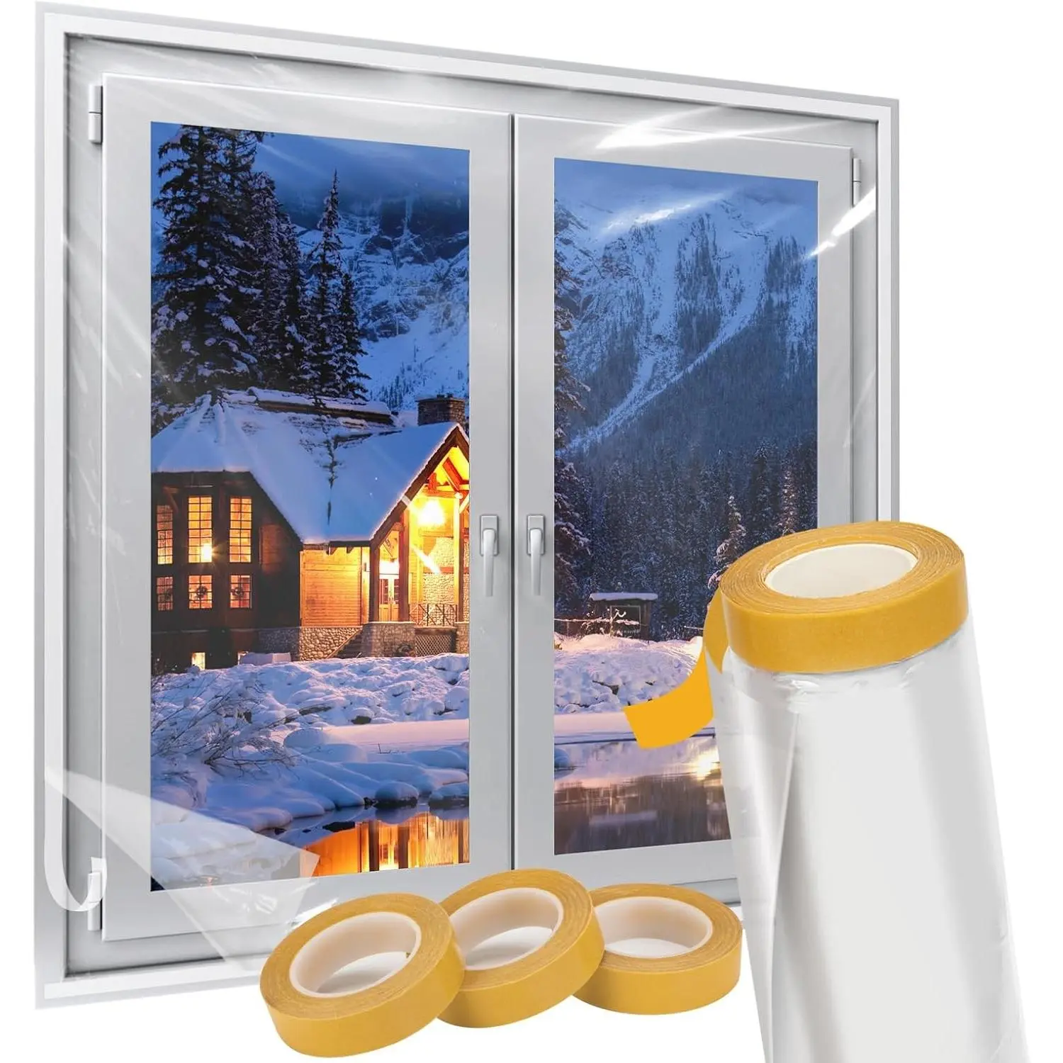Window Insulation Kit, Plastic Window Covering 62 Inch Wide × 393 Inch Length with Double-Sided Tape, Insulator Seal Kit for 10 - 3'x5' Windows Winterizing for Winter, 1 Roll Clear
