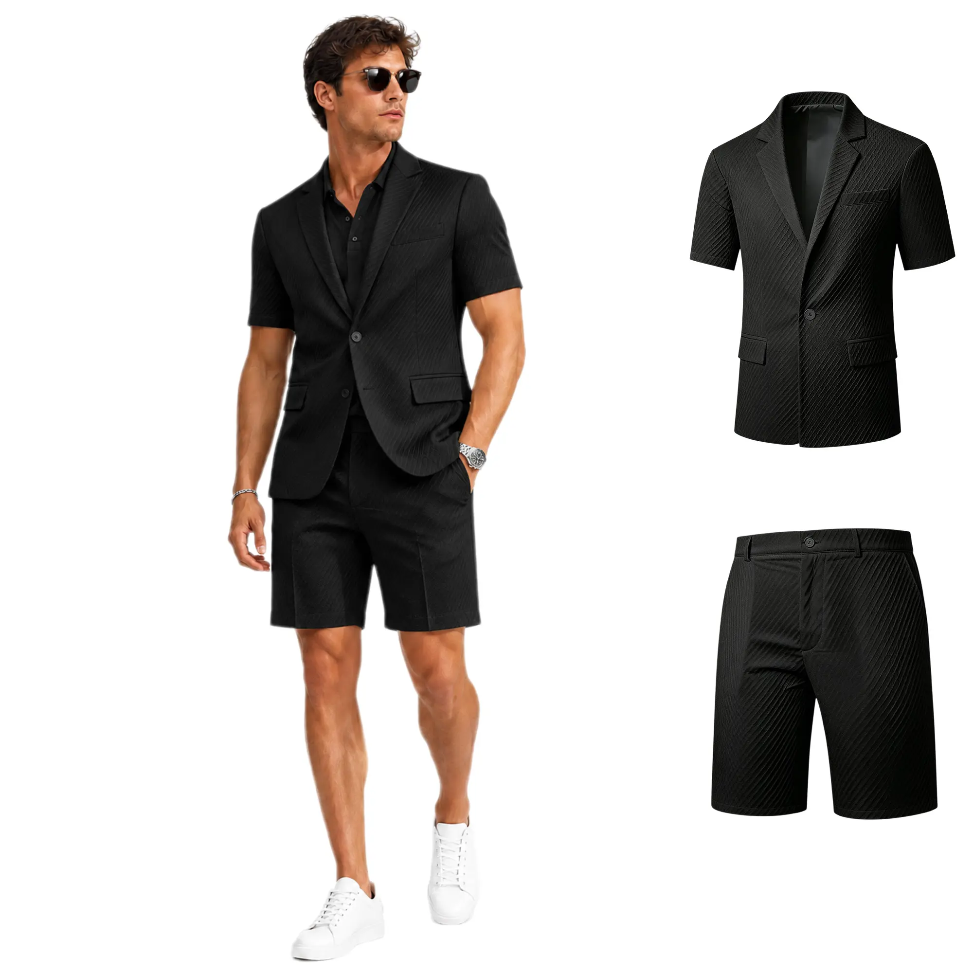 Men's 2 Piece Short Suit - Slim Fit Summer Blazer & Shorts for Beach Wedding Vacation
