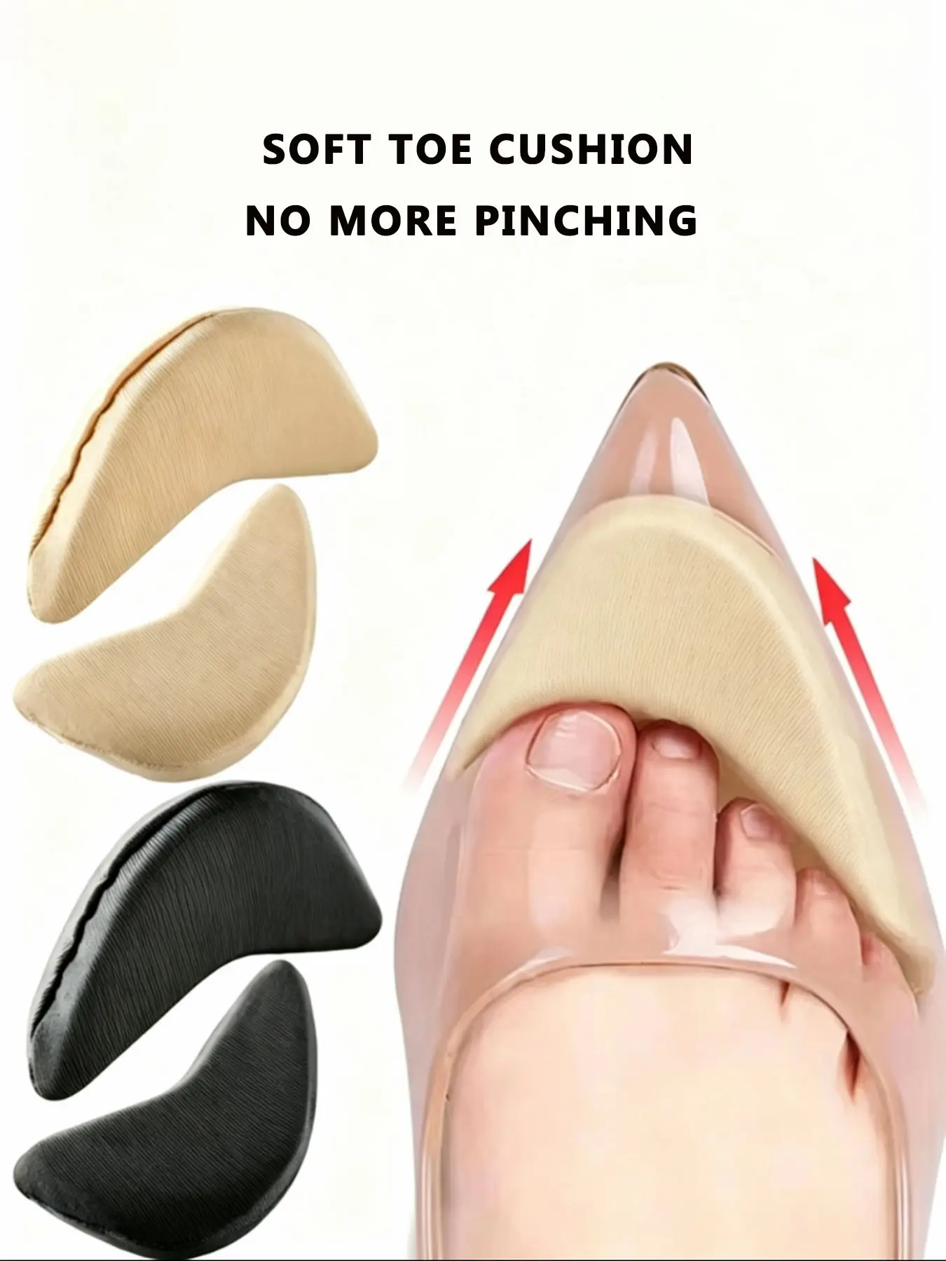 Soft Mixed Color Toe Cushion Padding Inserts, 2 Pairs (1 Black+1 Beige), Non-Slip Shoe Fillers for Oversized Shoes, Anti-Rub Foot Pads for Heels & Sneakers
