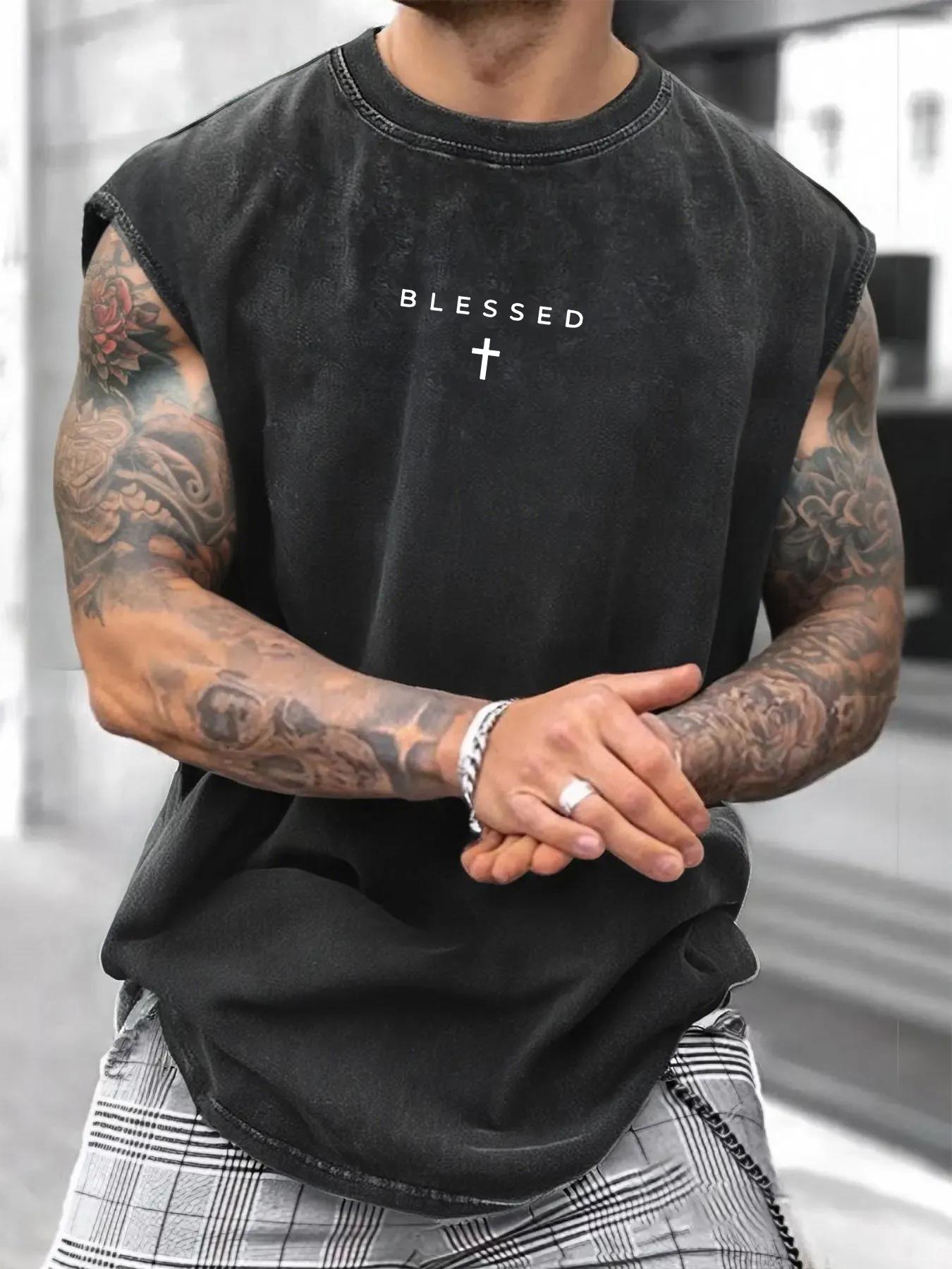Men's Loose-Fit Sleeveless Short Graphic T-Shirt, Pure Cotton Streetwear Street Style Summer Top, Casual Fashion Design for Daily Wear & Sports Men's Loose-Fit Sleeveless Short Graphic T-Shirt, Pure Cotton Streetwear Street Style Summer Top, Casual Fashion Design for Daily Wear & Sports