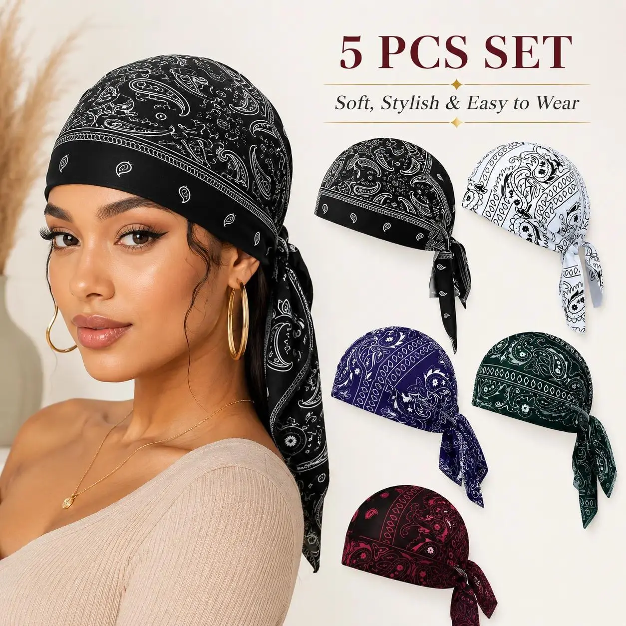 Unisex 5-Pack Paisley Bandana Pre-Tied Hair Wrap, Pre-Wrap Sports Headbands, Durag Cap, Biker Skull Cap Bonnet Value Bundle