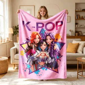 K Pop Demon Hunters Huntrix Rumi Mira Zoey Flannel Blanket Kids Blanket Adult Blanket Pink Girl Group Illustration Large Size Soft Lightweight All Season Throw For Bed Sofa Office Camping Travel Gift