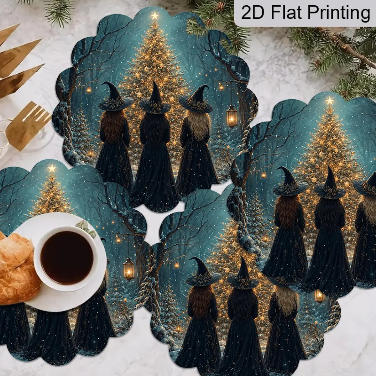 4pcs/set Three Witches Christmas Tree Placemats, Christmas Party Table Decor Mats, Christmas Gifts & Decor, Halloween Table Mats, Halloween Holiday Gifts Decor, Table Centerpieces for Holiday, Coffee Table Ornaments, Kitchen Dining Supplies, Home Decor