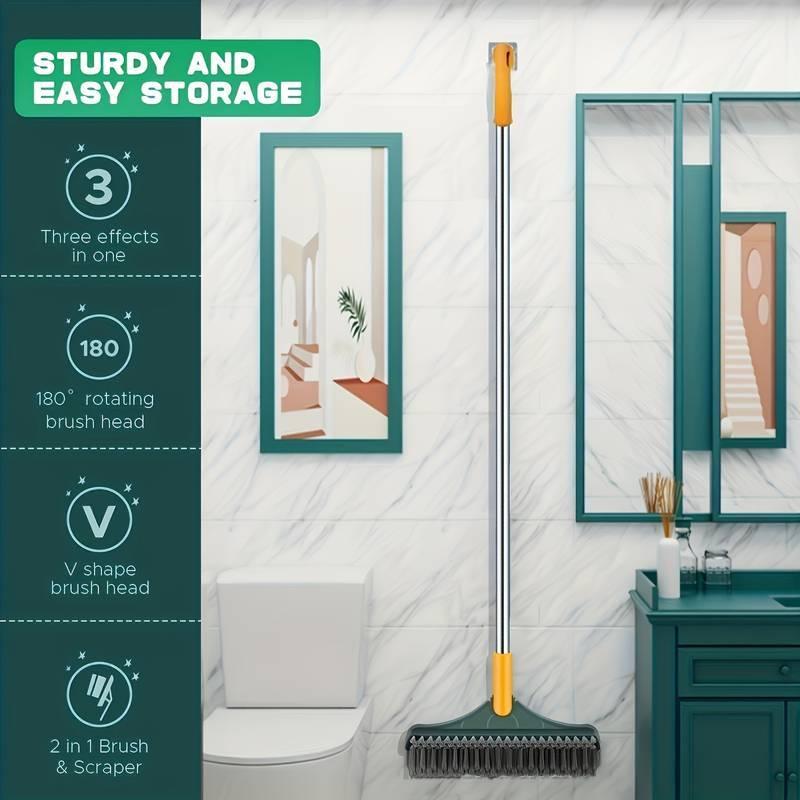 Long Handle Floor Scrub Brush, 1 Count 2 in 1 Floor Cleaning Brush & Scraper, 180 Degree Rotatable V Shaped Brush Head Cleaning Tool, Household Cleaning Supplies for Bathroom Kitchen Home