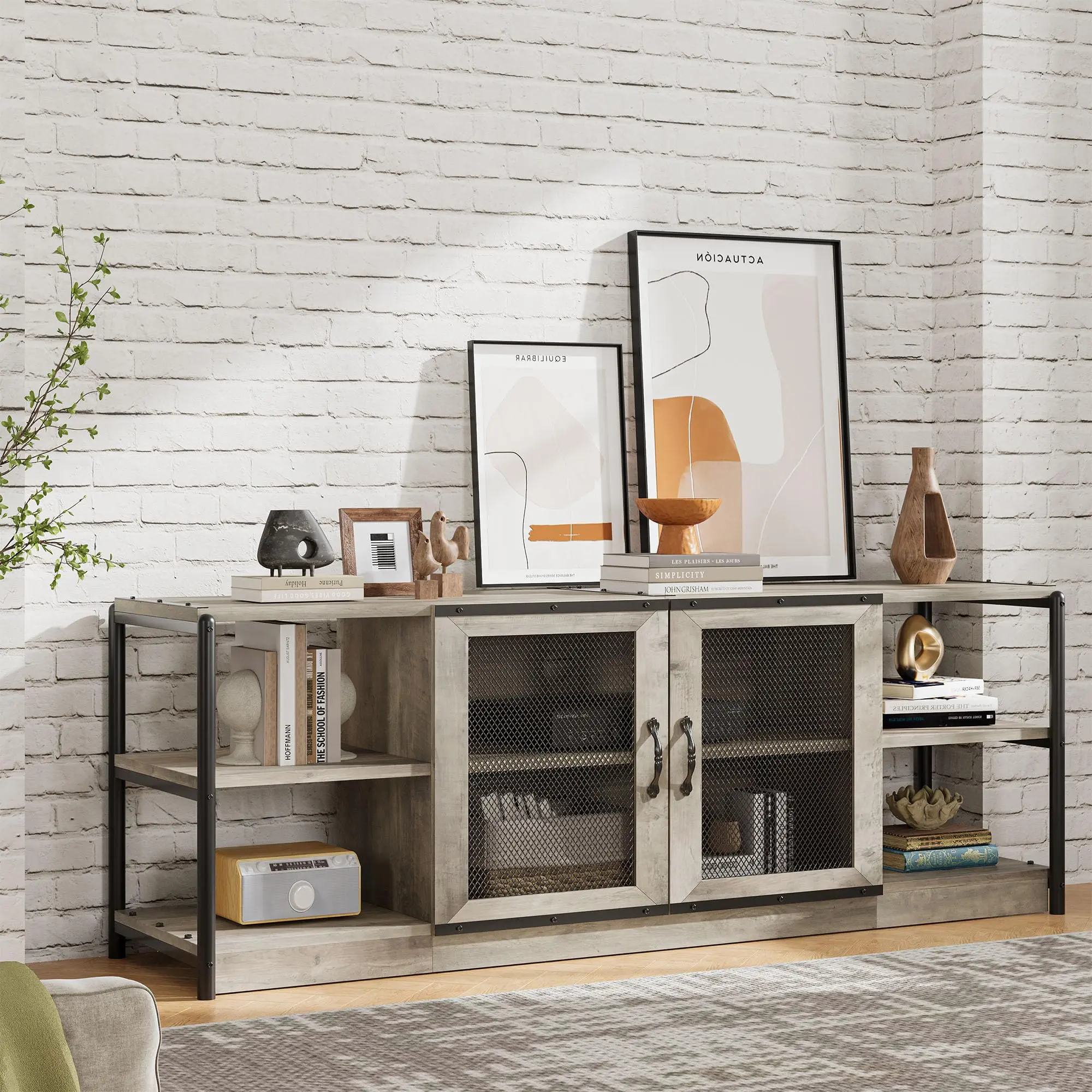 🏭 Industrial TV Stand for 80" TVs – Gray Media Console with Mesh Doors & Open Shelves, 500 lbs Capacity, 70.86" Wide. Perfect for Living Room! 📺